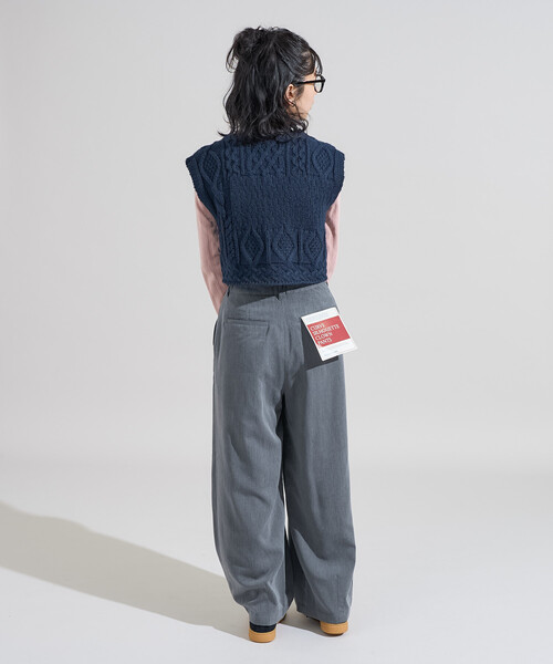 ベスト　ズボン　ズボン リメイク風 リボン ケーブルショートベスト/ニットベスト（ベスト