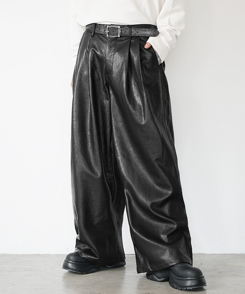 MinoriTY】ヴィンテージレザーダブルタックワイドスラックス バギー