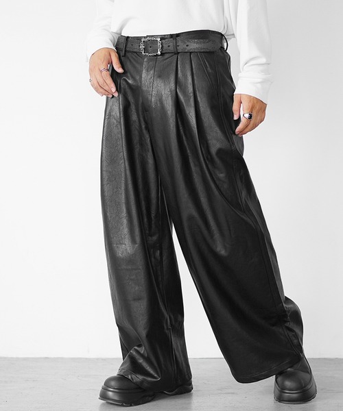 80s イタリア製 ギャザータック　ワイドスラックス SIZE48 MinoriTY】ヴィンテージレザーダブルタックワイドスラックス バギー