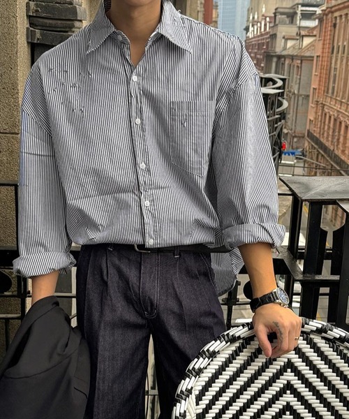 ASCLO（エジュクロ）の「【UNISEX】ASCLO／ダメージストライプシャツ（シャツ/ブラウス・メンズ・ブラック・FREE）」の3枚目の写真