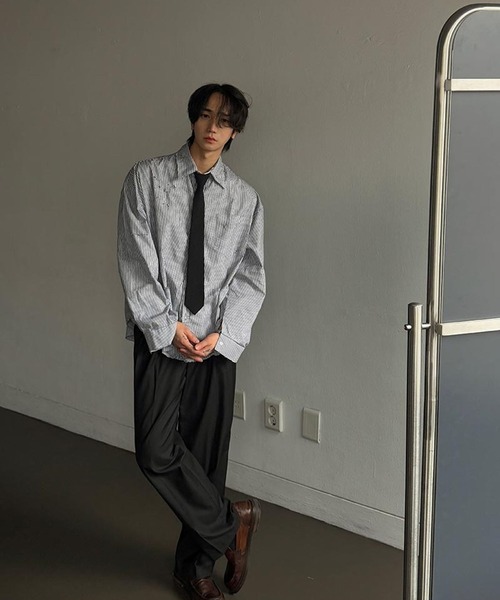 ASCLO（エジュクロ）の「【UNISEX】ASCLO／ダメージストライプシャツ（シャツ/ブラウス・メンズ・ブラック・FREE）」の9枚目の写真