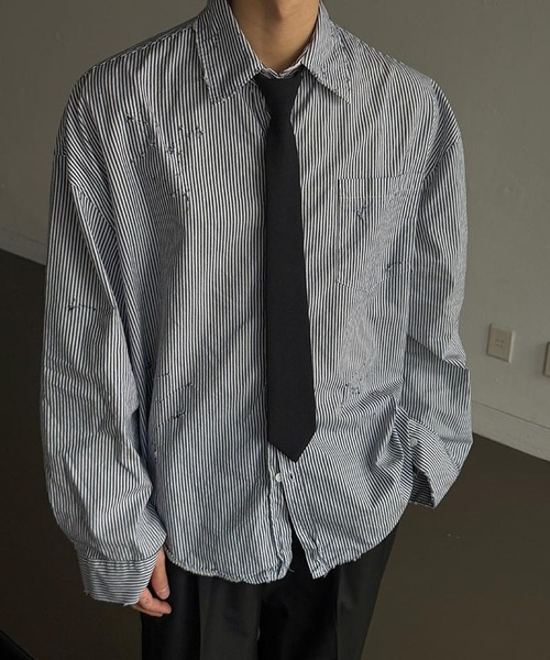 ASCLO（エジュクロ）の「【UNISEX】ASCLO／ダメージストライプシャツ（シャツ/ブラウス・メンズ・ブラック・FREE）」の10枚目の写真