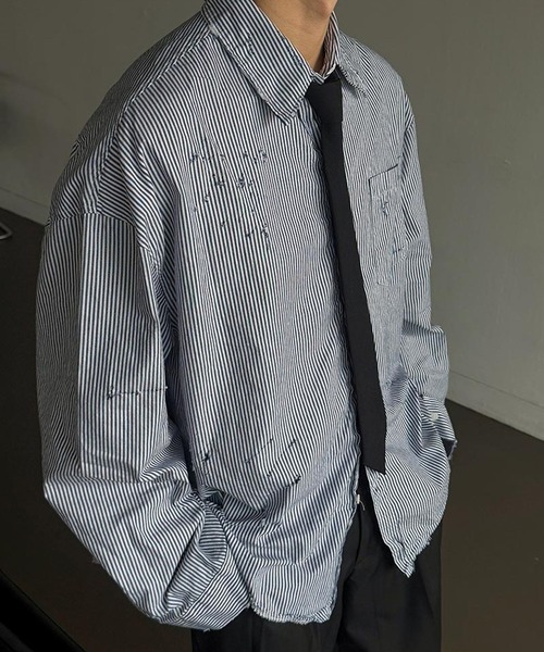 ASCLO（エジュクロ）の「【UNISEX】ASCLO／ダメージストライプシャツ（シャツ/ブラウス・メンズ・ブラック・FREE）」の12枚目の写真