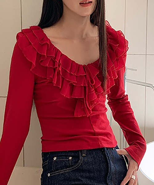 Girly Doll(ガーリードール)の「フリルデザインカットソー(Tシャツ/カットソー・レディース・ブラック/パープル/レッド・F)」の3枚目の写真