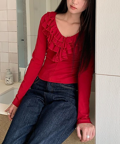 Girly Doll(ガーリードール)の「フリルデザインカットソー(Tシャツ/カットソー・レディース・ブラック/パープル/レッド・F)」の9枚目の写真