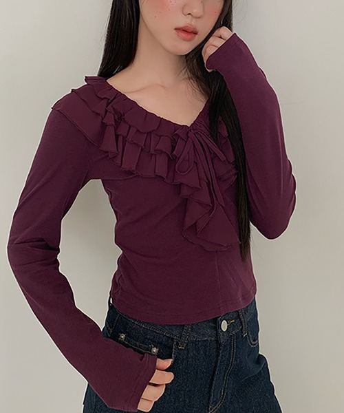 Girly Doll(ガーリードール)の「フリルデザインカットソー(Tシャツ/カットソー・レディース・ブラック/パープル/レッド・F)」の8枚目の写真