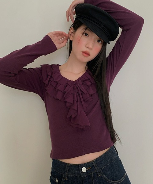 Girly Doll(ガーリードール)の「フリルデザインカットソー(Tシャツ/カットソー・レディース・ブラック/パープル/レッド・F)」の6枚目の写真