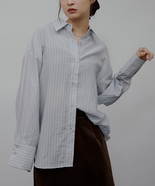 MUHET（ミュエータ）の「sheer stripe oversized shirt / シアーストライプオーバーシャツ（シャツ/ブラウス・レディース・ライトブルー/ベージュ・FREE）」の8枚目の写真