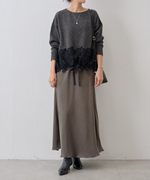 BEARDSLEY ビアズリー 裾 レース ニット ダーク グレー F 裾レースニット（ニット/セーター）｜BEARDSLEY（ビアズリー）の