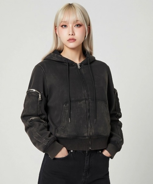 .KOM(ドットコム)の「A'GEM/9 × .kom 『.KOM/ドットケーオーエム』 Vintage Wash Zip-Up Hoodie/ヴィンテージウォッシュ ジップアップパーカー(パーカー・レディース・ブラック・FREE)」の2枚目の写真