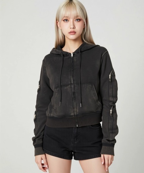 .KOM(ドットコム)の「A'GEM/9 × .kom 『.KOM/ドットケーオーエム』 Vintage Wash Zip-Up Hoodie/ヴィンテージウォッシュ ジップアップパーカー(パーカー・レディース・ブラック・FREE)」の4枚目の写真