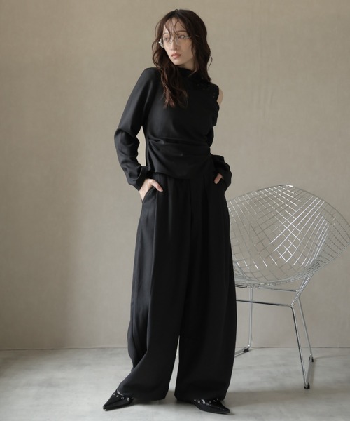 Ulysses（ユリシス）の「【3set】レースタンクレイヤードワンショルカットソー＆ワイドパンツ（セットアップ・レディース・ブラック/グレー・M/S）」の3枚目の写真