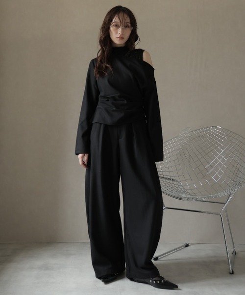 Ulysses（ユリシス）の「【3set】レースタンクレイヤードワンショルカットソー＆ワイドパンツ（セットアップ・レディース・ブラック/グレー・M/S）」の6枚目の写真