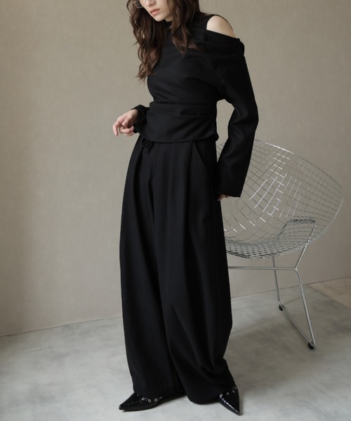 Ulysses（ユリシス）の「【3set】レースタンクレイヤードワンショルカットソー＆ワイドパンツ（セットアップ・レディース・ブラック/グレー・M/S）」の8枚目の写真