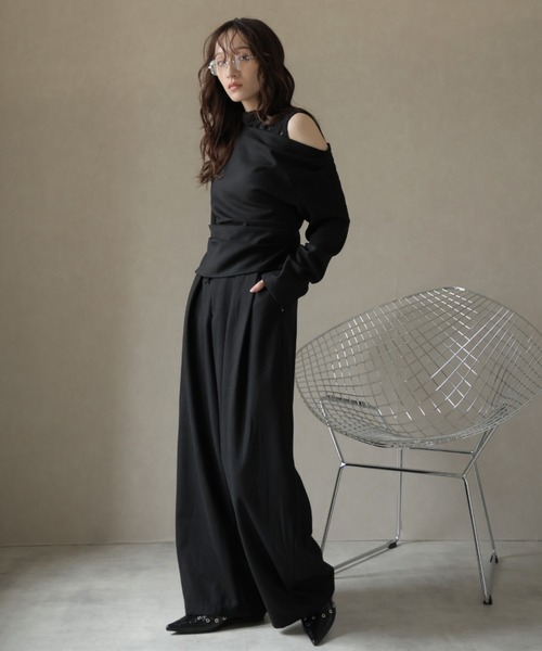 Ulysses（ユリシス）の「【3set】レースタンクレイヤードワンショルカットソー＆ワイドパンツ（セットアップ・レディース・ブラック/グレー・M/S）」の13枚目の写真