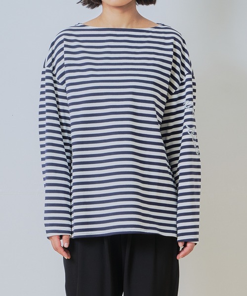 WHYTO.(ホワイト)の「「WHYTO. / ホワイト」ルーズストライプトップス(Tシャツ/カットソー・レディース・ホワイト×ネイビー/ピンク系/オフホワイト・38/36)」の1枚目の写真