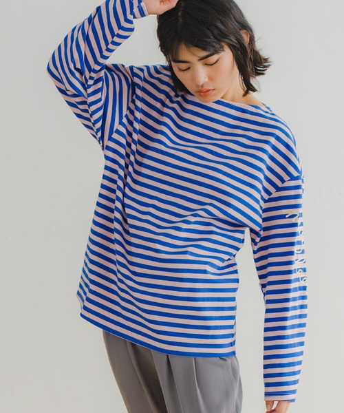 WHYTO.(ホワイト)の「「WHYTO. / ホワイト」ルーズストライプトップス(Tシャツ/カットソー・レディース・ホワイト×ネイビー/ピンク系/オフホワイト・38/36)」の19枚目の写真