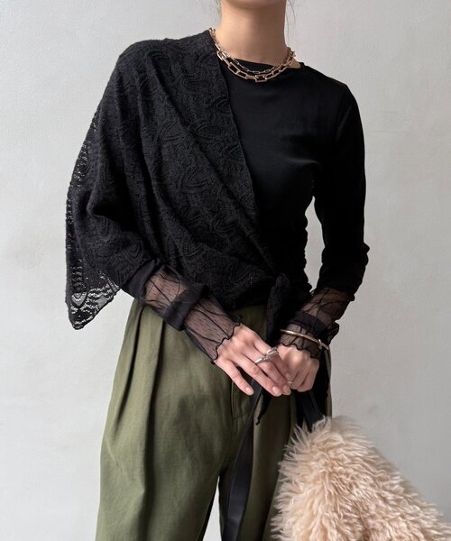 DouDou(ドゥドゥ)の「レースチュール切替シアーTEE(Tシャツ/カットソー・レディース・オフホワイト/ブラック/ブラウン・FREE)」の16枚目の写真