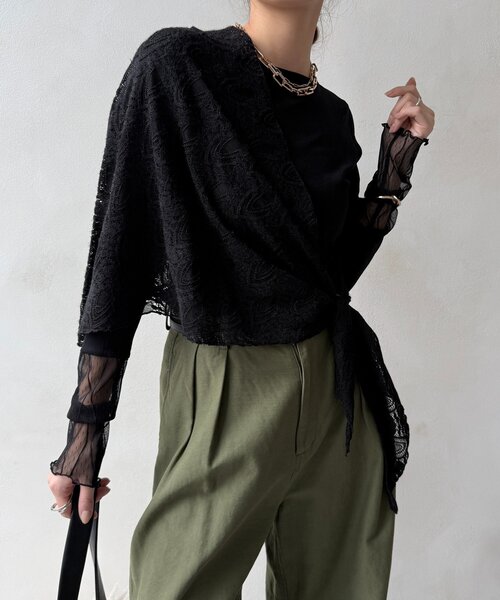 DouDou(ドゥドゥ)の「レースチュール切替シアーTEE(Tシャツ/カットソー・レディース・オフホワイト/ブラック/ブラウン・FREE)」の14枚目の写真