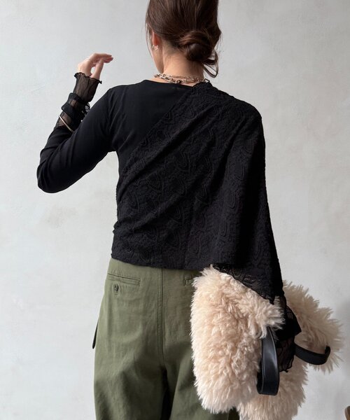 DouDou(ドゥドゥ)の「レースチュール切替シアーTEE(Tシャツ/カットソー・レディース・オフホワイト/ブラック/ブラウン・FREE)」の12枚目の写真