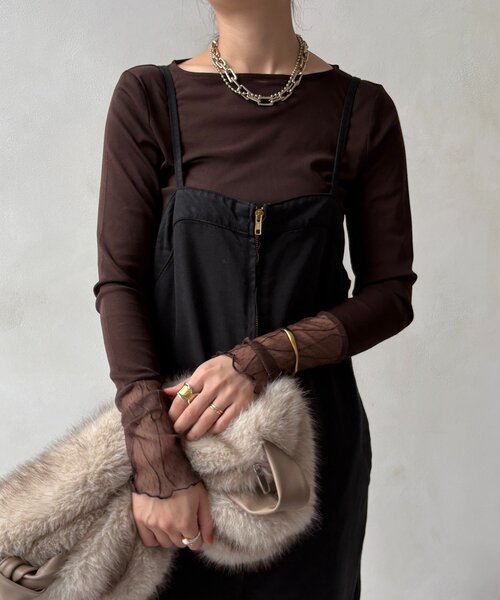 DouDou(ドゥドゥ)の「レースチュール切替シアーTEE(Tシャツ/カットソー・レディース・オフホワイト/ブラック/ブラウン・FREE)」の6枚目の写真