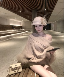 ファーオフショルニット トップス