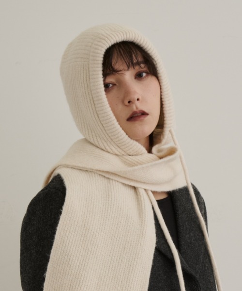 ウール混ルーズフィットフーディーニットマフラー（ニットキャップ