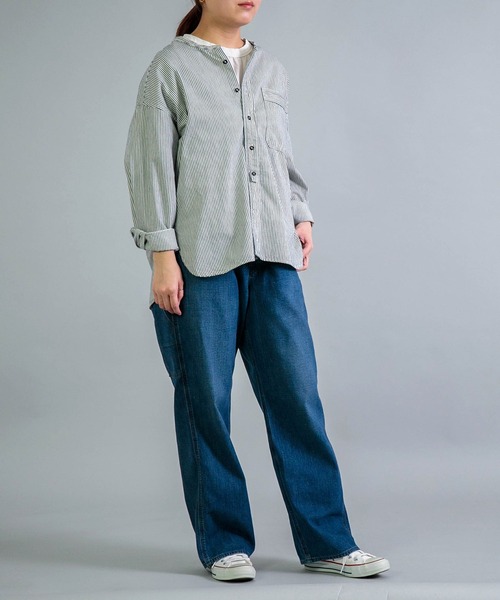 OMNIGOD（オムニゴッド）の「[OMNIGOD womens / オムニゴッド] ヒッコリー ワイドスタンドカラーシャツ（シャツ/ブラウス・レディース・ブルー系その他・FREE）」の19枚目の写真