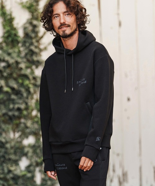 1minute 1second（ワンミニットワンセカンド）の「mpa4001-cursive embroidery cardboard knit nylon hoodie パーカー(1M26H040)（パーカー・メンズ・ブラック/ネイビー/ホワイト・S/M/L/XL）」の13枚目の写真