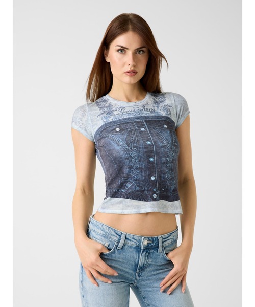 Guess（ゲス）の「Short Sleeves Denim Bustier R5 Sub Tee グラフィックTシャツ（Tシャツ/カットソー・レディース・ブルー系その他・SMALL/MEDIUM/X-SMALL）」の7枚目の写真