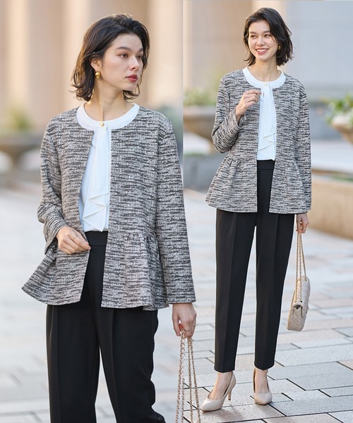 セール】【2点セット】ニットツイードペプラムジャケットセットアップ
