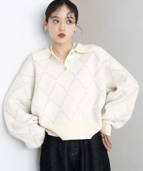 RAGEBLUE（レイジブルー）の「ダイヤ柄ジャガードニットポロ（Tシャツ/カットソー・レディース・チャコールグレー/ホワイト/グリーン・FREE）」の2枚目の写真