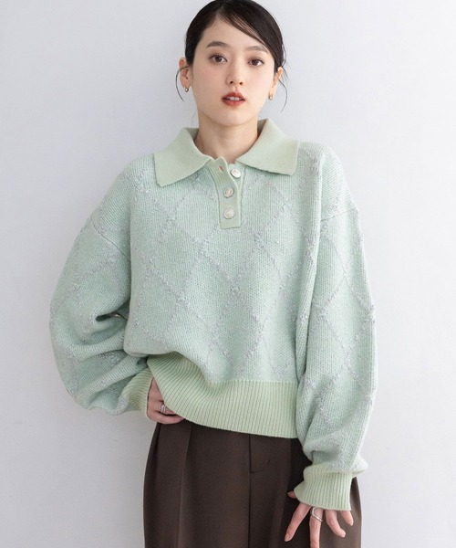 RAGEBLUE（レイジブルー）の「ダイヤ柄ジャガードニットポロ（Tシャツ/カットソー・レディース・チャコールグレー/ホワイト/グリーン・FREE）」の3枚目の写真