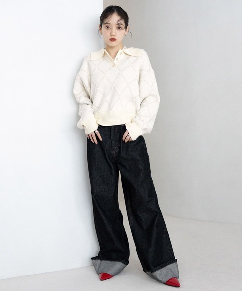 RAGEBLUE（レイジブルー）の「ダイヤ柄ジャガードニットポロ（Tシャツ/カットソー・レディース・チャコールグレー/ホワイト/グリーン・FREE）」の6枚目の写真