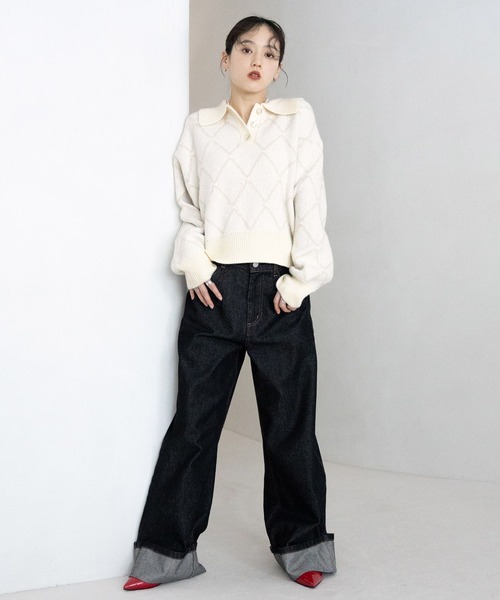 RAGEBLUE（レイジブルー）の「ダイヤ柄ジャガードニットポロ（Tシャツ/カットソー・レディース・チャコールグレー/ホワイト/グリーン・FREE）」の7枚目の写真