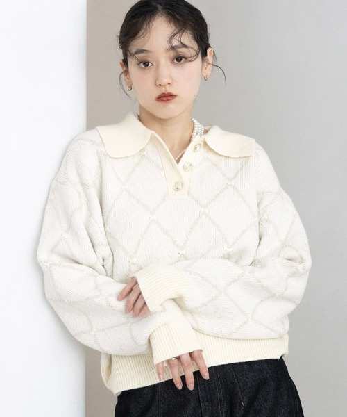 RAGEBLUE（レイジブルー）の「ダイヤ柄ジャガードニットポロ（Tシャツ/カットソー・レディース・チャコールグレー/ホワイト/グリーン・FREE）」の8枚目の写真