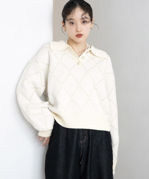 RAGEBLUE（レイジブルー）の「ダイヤ柄ジャガードニットポロ（Tシャツ/カットソー・レディース・チャコールグレー/ホワイト/グリーン・FREE）」の9枚目の写真