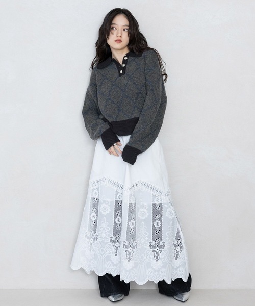 RAGEBLUE（レイジブルー）の「ダイヤ柄ジャガードニットポロ（Tシャツ/カットソー・レディース・チャコールグレー/ホワイト/グリーン・FREE）」の10枚目の写真