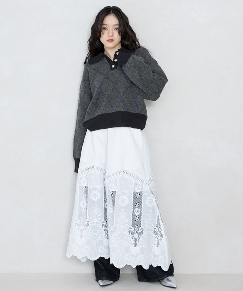 RAGEBLUE（レイジブルー）の「ダイヤ柄ジャガードニットポロ（Tシャツ/カットソー・レディース・チャコールグレー/ホワイト/グリーン・FREE）」の11枚目の写真