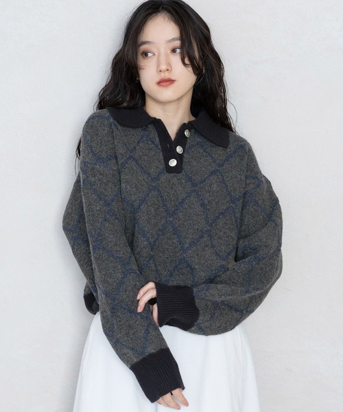 RAGEBLUE（レイジブルー）の「ダイヤ柄ジャガードニットポロ（Tシャツ/カットソー・レディース・チャコールグレー/ホワイト/グリーン・FREE）」の12枚目の写真