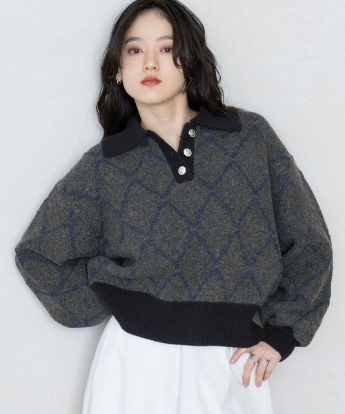 RAGEBLUE（レイジブルー）の「ダイヤ柄ジャガードニットポロ（Tシャツ/カットソー・レディース・チャコールグレー/ホワイト/グリーン・FREE）」の13枚目の写真