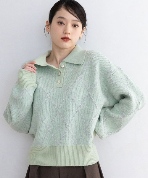RAGEBLUE（レイジブルー）の「ダイヤ柄ジャガードニットポロ（Tシャツ/カットソー・レディース・チャコールグレー/ホワイト/グリーン・FREE）」の17枚目の写真
