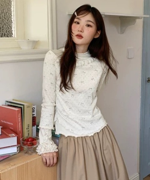 セール】【2色展開】リボンプリント フェイクレイヤードシアートップス