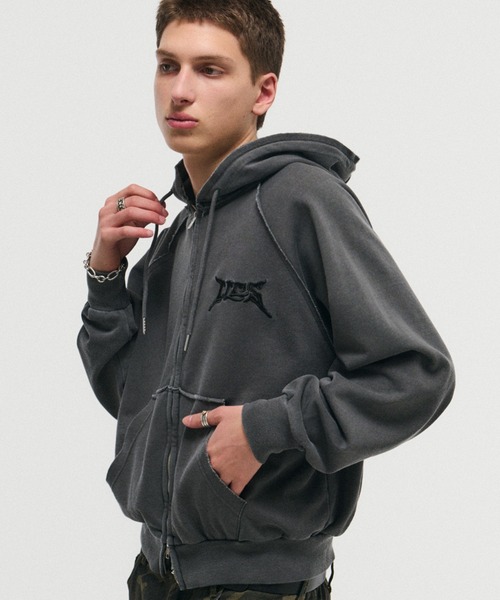 ILLS LOGO Embroidery Full Zip Hoodie — толстовка на молнии с вышивкой логотипа, дублёнка пигментная обработка, мужская, универсальный размер