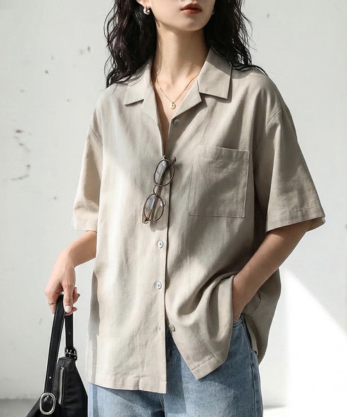 antiqua(アンティカ)の「開襟 リネン混 シャツ(シャツ/ブラウス・レディース・ブラック/ナチュラル/ベージュ系その他/ネイビー・P/R)」の3枚目の写真
