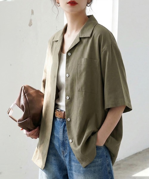 antiqua(アンティカ)の「開襟 リネン混 シャツ(シャツ/ブラウス・レディース・ブラック/ナチュラル/ベージュ系その他/ネイビー・P/R)」の1枚目の写真