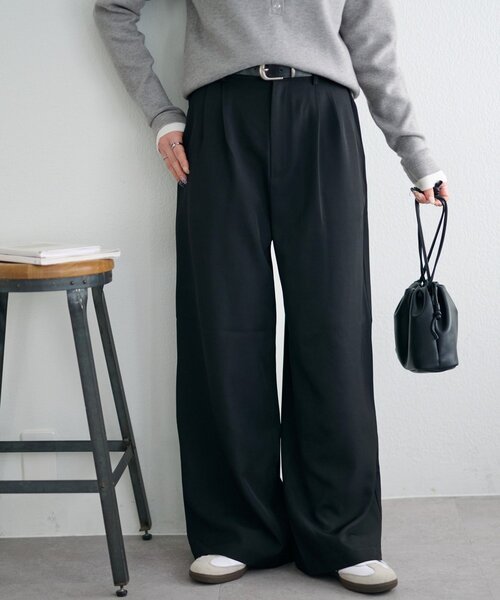 DISCOAT（ディスコート）の「【Enlude】サイドベルト付きワイドパンツ（スラックス・レディース・ブラック/ベージュ・MEDIUM/LARGE）」の3枚目の写真