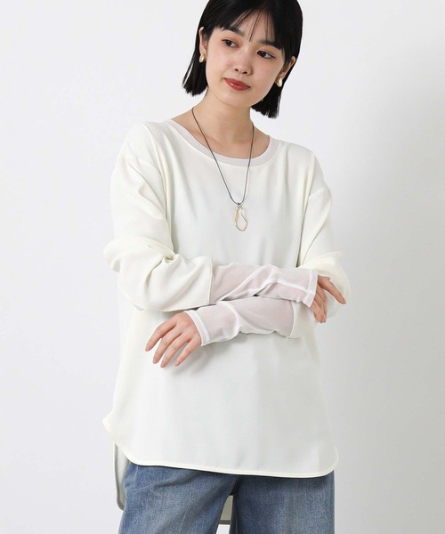 Gready Brilliant(グレディブリリアン)の「Pe袖チュール切替ボートネックブラウス(シャツ/ブラウス・レディース・アイボリー/ブラック・FREE)」の1枚目の写真