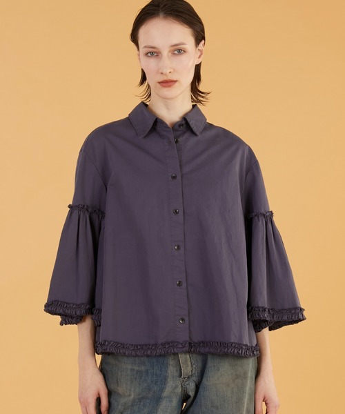 crinkle crinkle crinkle（クリンクルクリンクルクリンクル）の「【crinkle crinkle crinkle】garment dye frill shirts/ガーメントダイフリルシャツ（シャツ/ブラウス・レディース・ネイビー/アイボリー・FREE）」の2枚目の写真