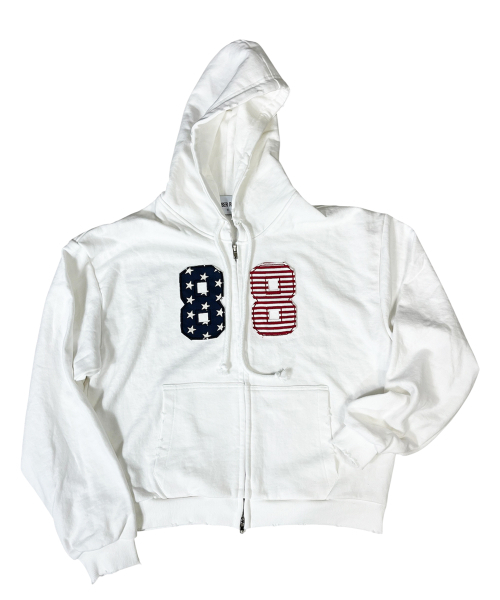 Star Stripe Damage Sweat Hood Zip‑Up (ivory) — худи с потертостями